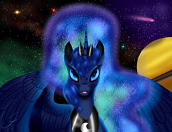 Size: 4680x3600 | Tagged: safe, artist:crazyaniknowit, princess luna, alicorn, pony, g4, absurd resolution, female, looking at you, solo, space, spread wings