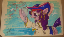 Size: 1760x1026 | Tagged: safe, artist:jorobro, berry punch, berryshine, pony, g4, female, jack sparrow, parody, pirate, pirates of the caribbean, rum, solo, traditional art