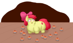 Size: 500x294 | Tagged: safe, artist:askcocoamtn, apple bloom, earth pony, pony, series:ask chubby apple bloom [cupcake eating pony], g4, alternate cutie mark, apple blob, cupcake, fat, female, filly, food