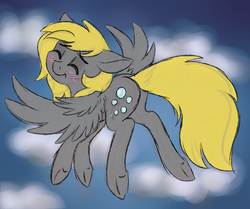 Size: 1823x1521 | Tagged: safe, artist:honiibree, derpy hooves, pegasus, pony, g4, blushing, butt, eyes closed, female, floppy ears, flying, happy, mare, plot, smiling, solo, underhoof