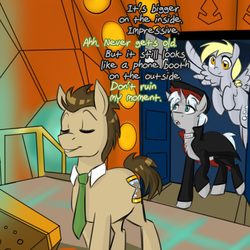 Size: 750x750 | Tagged: safe, artist:craftykraken, artist:jitterbugjive, derpy hooves, doctor whooves, time turner, oc, earth pony, pegasus, pony, unicorn, lovestruck derpy, g4, doctor who, female, male, mare, stallion, tardis, tardis console room, tardis control room, the doctor, tumblr, tumblr comic