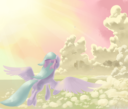 Size: 2000x1700 | Tagged: safe, artist:yo-yall, flitter, g4, cloudsdale, crepuscular rays, female, flying, solo