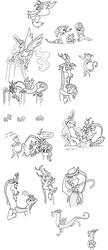 Size: 880x2038 | Tagged: safe, artist:saritawolff, applejack, discord, pinkie pie, princess celestia, rarity, twilight sparkle, alicorn, draconequus, earth pony, pony, unicorn, g4, monochrome, sketch dump, the game