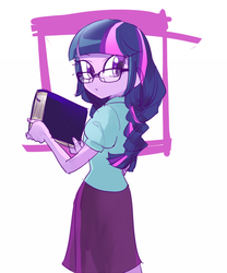 Size: 500x600 | Tagged: safe, artist:pan, sci-twi, twilight sparkle, equestria girls, g4, alternate hairstyle, book, braid, female, glasses, solo