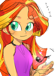 Size: 440x600 | Tagged: safe, artist:pan, sunset shimmer, equestria girls, g4, female, music notes, pixiv, solo