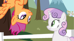 Size: 710x398 | Tagged: safe, artist:avisola, scootaloo, sweetie belle, g4, cutie mark, fence, older, smiling, tree, upside down