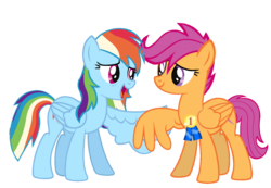 Size: 1548x1071 | Tagged: safe, artist:avisola, rainbow dash, scootaloo, pegasus, pony, g4, duo, duo female, female, mare, medal, older, simple background, transparent background