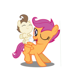 Size: 638x643 | Tagged: dead source, safe, artist:avisola, pound cake, scootaloo, g4, baby, cute, diaper, scootapound, simple background, transparent background, wink