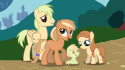 Size: 1920x1080 | Tagged: safe, artist:avisola, oc, oc only, oc:cream heart, earth pony, pony, earth pony oc, family, female, filly, filly cream heart, foal, male, mare, smiling, stallion, younger