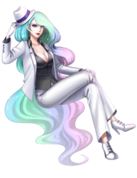 Size: 850x1100 | Tagged: dead source, safe, artist:apzzang, princess celestia, human, g4, beautiful, cleavage, clothes, female, gloves, hat, humanized, pants, simple background, solo, suit, transparent background