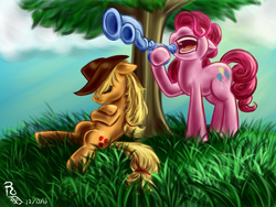 Size: 1800x1350 | Tagged: safe, artist:ravenousdrake, applejack, pinkie pie, earth pony, pony, g4, flugelhorn, grass, open mouth, sleeping, this will end in pain, this will end in tears, tree