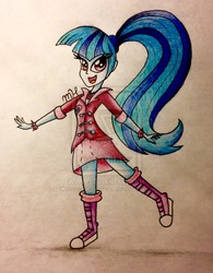 Size: 600x770 | Tagged: dead source, safe, artist:coloredsketches, sonata dusk, equestria girls, g4, my little pony equestria girls: rainbow rocks, boots, clothes, deviantart watermark, female, high ponytail, jacket, long hair, obtrusive watermark, ponytail, shoes, solo, traditional art, watermark