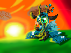 Size: 2272x1704 | Tagged: safe, artist:lovehtf421, queen chrysalis, butterfly, changeling, changeling queen, g4, blushing, female, sitting, solo, sunset