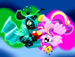 Size: 1600x1200 | Tagged: safe, artist:lovehtf421, princess cadance, queen chrysalis, alicorn, changeling, changeling queen, pony, g4, crown, duo, duo female, female, fight, heart, impossibly large ears, jewelry, regalia, spread wings, tiara, upside down