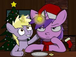 Size: 1048x790 | Tagged: safe, artist:subesia, amethyst star, dinky hooves, sparkler, g4, annoyed, clothes, cookie, hat, hearth's warming, magic, santa hat, scarf, sisters