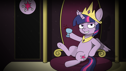 Size: 1920x1080 | Tagged: safe, artist:subesia, twilight sparkle, alicorn, pony, g4, accessory swap, cup, female, grin, hail to the queen, mare, sitting, solo, throne, twilight sparkle (alicorn), wine