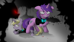 Size: 1920x1080 | Tagged: safe, artist:subesia, amethyst star, dinky hooves, sparkler, changeling, g4, blood, cut, floppy ears, protecting