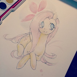 Size: 1920x1920 | Tagged: safe, artist:missesvongola, fluttershy, g4, female, pixiv, solo, traditional art, watercolor painting