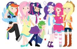 Size: 3938x2520 | Tagged: safe, artist:lucy-tan, applejack, fluttershy, pinkie pie, rainbow dash, rarity, spike, twilight sparkle, human, g4, adventure time, clothes, heart, high heels, horn, horned humanization, humanized, male, mane seven, mane six, necktie, scarf, simple background, style emulation, suspenders, tailed humanization, transparent background, winged humanization