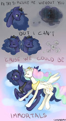 Size: 1024x1877 | Tagged: safe, artist:clumsyhermit, princess celestia, princess luna, g4, comic, flying, lyrics, sisters