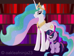 Size: 2048x1536 | Tagged: safe, artist:littleovertures, princess celestia, twilight sparkle, g4, blank flank, book, filly, library, twily