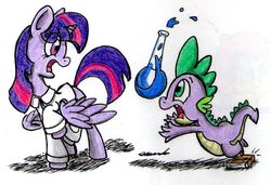 Size: 1024x701 | Tagged: safe, artist:airman12, spike, twilight sparkle, alicorn, pony, g4, accident, book, clothes, female, flask, lab coat, mare, traditional art, twilight sparkle (alicorn)