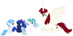Size: 6000x3000 | Tagged: safe, artist:magister39, princess celestia, princess luna, oc, oc:fausticorn, oc:white flare, alicorn, pony, g4, absurd resolution, alicorn oc, cewestia, filly, foal, open mouth, prone, simple background, smiling, spread wings, transparent background, vector, woona
