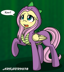 Size: 800x908 | Tagged: safe, artist:arthur9078, artist:spittfireart, fluttershy, spike, pegasus, pony, g4, blush sticker, blushing, clothes, colored, confused, costume, cute, dragon costume, fanfic art, female, floppy ears, kigurumi, looking up, mare, open mouth, raised hoof, rar, rawr, shyabetes, simple background, solo
