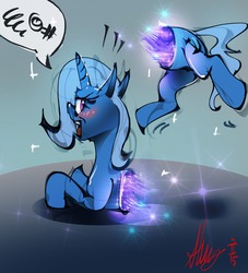 Size: 1280x1408 | Tagged: safe, artist:alumx, trixie, pony, unicorn, g4, blushing, female, half, magic, mare, modular, now you're thinking with portals, solo, swearing, wat