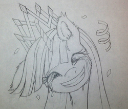 Size: 600x508 | Tagged: safe, artist:cyle, twilight sparkle, alicorn, pony, g4, crying, ear fluff, female, grin, mare, monochrome, new crown, solo, tears of joy, traditional art, twilight sparkle (alicorn)