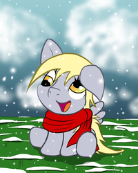 Size: 900x1125 | Tagged: safe, artist:cyle, derpy hooves, pegasus, pony, g4, clothes, female, mare, scarf, snow, snowfall, solo, winter
