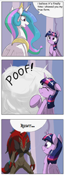 Size: 189x515 | Tagged: safe, artist:otakuap edit, princess celestia, twilight sparkle, alicorn, pony, zoroark, g4, celestia's true form, comic, dialogue, exploitable meme, female, mare, meme, picture for breezies, pokémon, poof, speech bubble, transformation, twilight sparkle (alicorn)