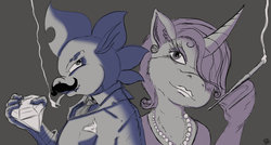 Size: 1024x548 | Tagged: safe, artist:dinodraketakethecake, rarity, spike, dragon, pony, unicorn, g4, cigarette, cigarette holder, classy, clothes, duo, facial hair, hair over one eye, jewelry, lipstick, magnetic hooves, moustache, necklace, noir, older, pearl necklace, smoking, suit