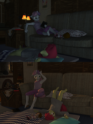 Size: 3000x4000 | Tagged: safe, artist:tahublade7, apple bloom, sweetie belle, earth pony, anthro, plantigrade anthro, g4, 3d, armpits, barefoot, clothes, couch, daz studio, doll, feet, high res, morning, morning ponies, night, oversized clothes, pajamas, panties, reading, sleeping, sleepover, sweet apple acres, underwear, upside down