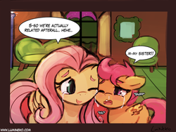 Size: 900x675 | Tagged: safe, artist:lumineko, fluttershy, scootaloo, pegasus, pony, g4, 30 minute art challenge, crying, cute, cutealoo, dialogue, duo, duo female, feels, female, floppy ears, fluttershy's cottage, nuzzling, one eye closed, onomatopoeia, open mouth, scootalove, shyabetes, sisters, smiling, snot, sound effects, speech bubble, wink