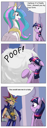 Size: 1024x2793 | Tagged: safe, artist:otakuap edit, princess celestia, twilight sparkle, alicorn, pony, g4, celestia's true form, character to character, comic, dialogue, exploitable meme, female, mare, meme, misspelling, poof, speech bubble, transformation, twilight sparkle (alicorn), yami yugi, yu-gi-oh!, yugioh abridged