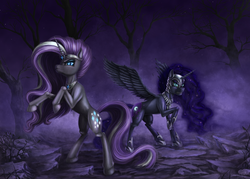 Size: 3850x2750 | Tagged: dead source, safe, artist:bra1neater, nightmare moon, nightmare rarity, pony, g4, bipedal, duality, fog, glare, gritted teeth, high res, looking at you, raised hoof, rearing, self ponidox, smirk, spread wings, time paradox, tree