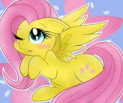 Size: 1200x1000 | Tagged: safe, artist:tamabel, fluttershy, pegasus, pony, g4, blushing, cute, female, floppy ears, hooves to the chest, looking away, looking up, mare, one eye closed, open mouth, pixiv, shyabetes, solo, spread wings, three quarter view, wings, wink