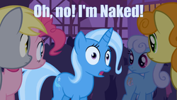 Size: 1040x585 | Tagged: safe, carrot top, derpy hooves, golden harvest, linky, pinkie pie, shoeshine, trixie, pegasus, pony, g4, blue text, female, image macro, mare, meme, missing accessory, realization, we don't normally wear clothes