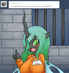 Size: 735x781 | Tagged: safe, artist:basketgardevoir, queen chrysalis, anthro, g4, ambiguous facial structure, ask, blushing, breasts, busty queen chrysalis, clothes, cute little fangs, female, prison, prison outfit, thumbs up, tumblr