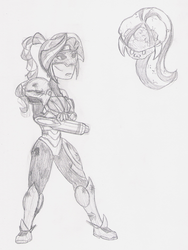 Size: 1219x1621 | Tagged: safe, artist:wryte, sonata dusk, sunset shimmer, metroid (species), g4, :3, alternate hairstyle, braided ponytail, crossover, grayscale, injured, metroid, monochrome, powersuit, race swap, samus aran, traditional art, wtf