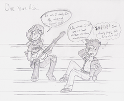 Size: 1510x1225 | Tagged: safe, artist:wryte, flash sentry, sunset shimmer, equestria girls, g4, bass guitar, censored vulgarity, dialogue, flashback, grawlixes, grayscale, guitar, monochrome, musical instrument, queen (band), traditional art