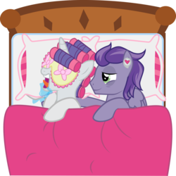 Size: 1024x1023 | Tagged: safe, artist:benybing, rarity, oc, oc:kydose, pegasus, pony, unicorn, g4, bed, canon x oc, drool, love, raridose, shipping, sleep mask, sleeping, snoring, snuggling, tired