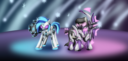 Size: 5895x2829 | Tagged: safe, artist:zedrin, dj pon-3, octavia melody, vinyl scratch, g4, absurd resolution, armor, bass cannon, cellbow, cello, cyberpunk, gas mask, glowing, glowing horn, hmd, horn, mask, musical instrument, powered exoskeleton, visor, weaponized instruments