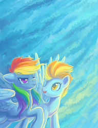 Size: 1300x1700 | Tagged: safe, artist:dragonataxia, lightning dust, rainbow dash, pegasus, pony, g4, duo, painting, sky, smiling