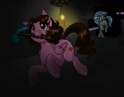 Size: 1024x806 | Tagged: safe, artist:boastudio, oc, oc:frozen rose, oc:shinta pony, pegasus, pony, don't mine at night, hoof hold, mouth hold, open mouth, parody, pickaxe, ponified, running, scared, smiling, sword, weapon, wide eyes