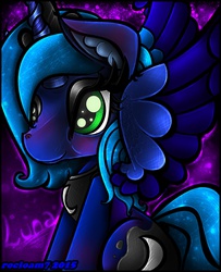 Size: 2304x2840 | Tagged: safe, artist:rocioam7, princess luna, g4, blushing, female, high res, s1 luna, sitting, smiling, solo, spread wings