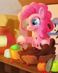 Size: 2464x3108 | Tagged: safe, artist:siegahertz, pinkie pie, g4, baking, cake batter, female, fruit, high res, smiling, solo, sugarcube corner