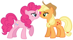 Size: 2219x1233 | Tagged: safe, artist:posey-11, applejack, pinkie pie, earth pony, pony, g4, bedroom eyes, boop, eye contact, female, lesbian, looking at each other, mare, nose wrinkle, noseboop, raised hoof, ship:applepie, shipping, simple background, smiling, transparent background