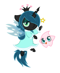 Size: 4500x5500 | Tagged: safe, artist:mysterious-lil-lady, artist:that-lil-trans-boy, queen chrysalis, oc, oc:fluffle puff, changeling, changeling queen, luma, nymph, g4, absurd resolution, chibi, cosplay, crossover, cute, cutealis, duo, duo female, female, flufflebetes, hair over one eye, ocbetes, princess rosalina, rosalina, simple background, super mario bros., super mario galaxy, transparent background, weapons-grade cute